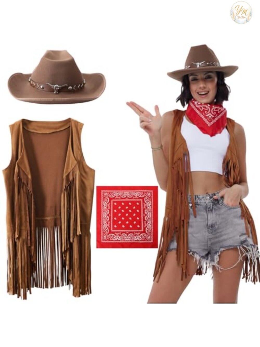 Fringe Vest Cowboy Hat Bandana Cowgirl Costume Set Western Halloween